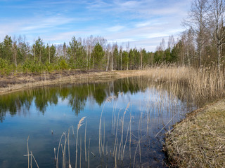 sunny spring day landscape, bright blue sky with white clouds, reflected in the lake water