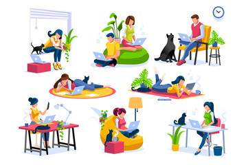 Trendy homes studio at woman home. Work on trendy computer in a young space working with style on laptop. Concept of working, woman in isolation at home. Cartoon character vector illustration concepts
