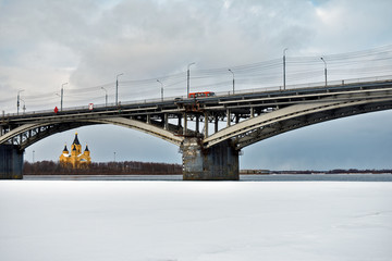 ice melts on the Volga river. automobile bridge. Nizhny Novgorod. Russia