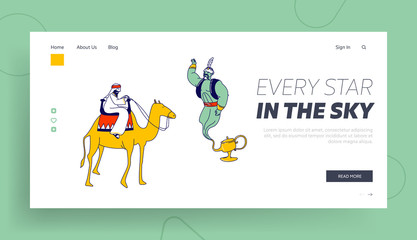 Arabian Fairytale, Fantasy Story Telling Landing Page Template. Arabic Bedouin Character Riding on Camel, Genie and Wish Lamp. Oriental Eastern Culture, Dream. Linear People Vector Illustration