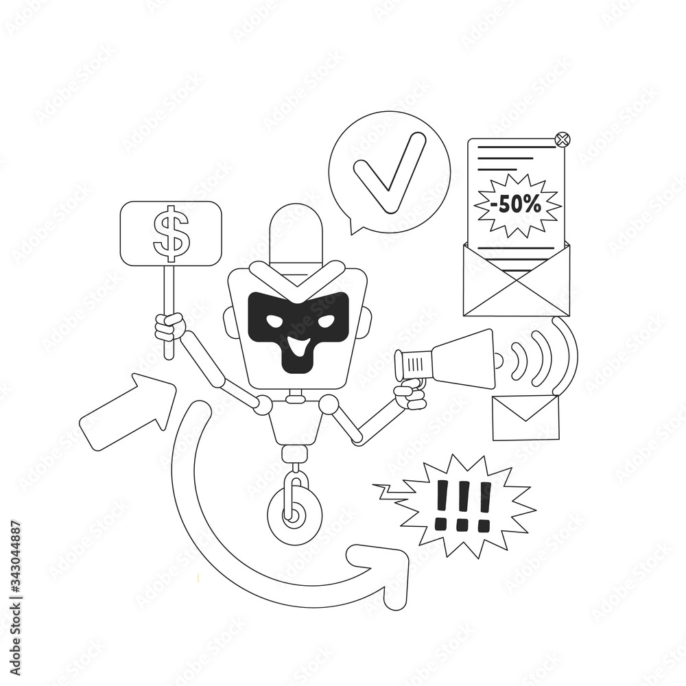 Poster spam bot thin line concept vector illustration. unwanted ads newsletter. bad ai robot 2d cartoon cha