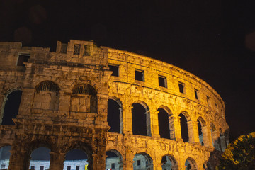 Ancient Roman Amphitheater at night in Pula, Istrian Peninsula in Croatia