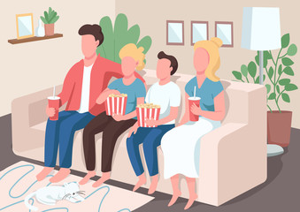 Family entertainment flat color vector illustration. Mom and dad spend time with kids. Children watch TV with parents on couch. Relatives 2D cartoon characters with interior on background