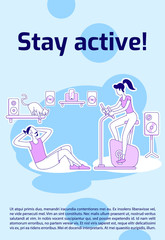 Stay active poster flat silhouette vector template. Couple exercising together. Brochure, booklet one page concept design with cartoon characters. Home gym flyer, leaflet with text space