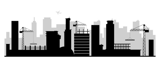 Construction site black silhouette vector illustration. Modern developing city monochrome landscape. Urban environment 2d cartoon shape with skyscrapers and lifting cranes. Building industry
