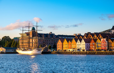 Bergen, Norway - Panoramic view of historic Bryggen district with Hanseatic heritage buildings at the Bergen Vagen harbor