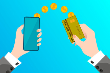The transfer of money online.Two hands hold a smartphone and a credit card and transfer money.Flat vector illustration.