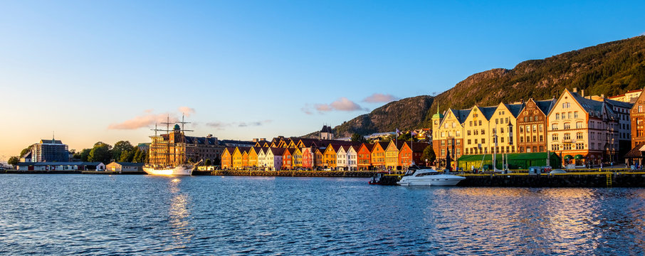 Bergen, Norway - Panoramic view of historic Bryggen district with Hanseatic heritage buildings at the Bergen Vagen harbor