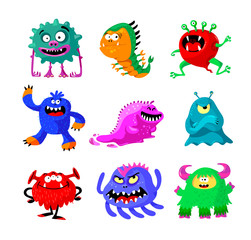 Cute Cartoon Monsters Set. Comic Halloween Joyful Characters, Funny Devil, Ugly Alien and Smile Creatures Isolated on White Background. Mutants, Germs and Bacteria. Cartoon Vector Illustration