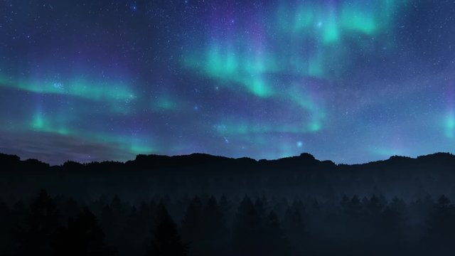 Northern lights aurora borealis over forest mountain range