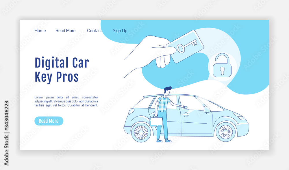 Poster digital car key landing page flat silhouette vector template. rfid card homepage layout. smart lock 
