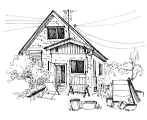 Drawing of an old house in the countryside. Summer ink sketch.