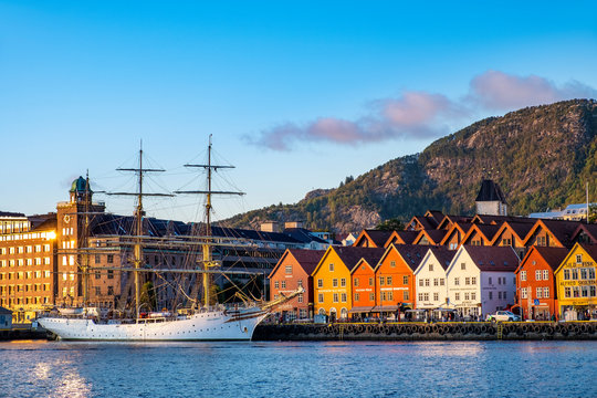 Bergen, Norway - Panoramic view of historic Bryggen district at the Bergen harbor with Floyen Mountain in background