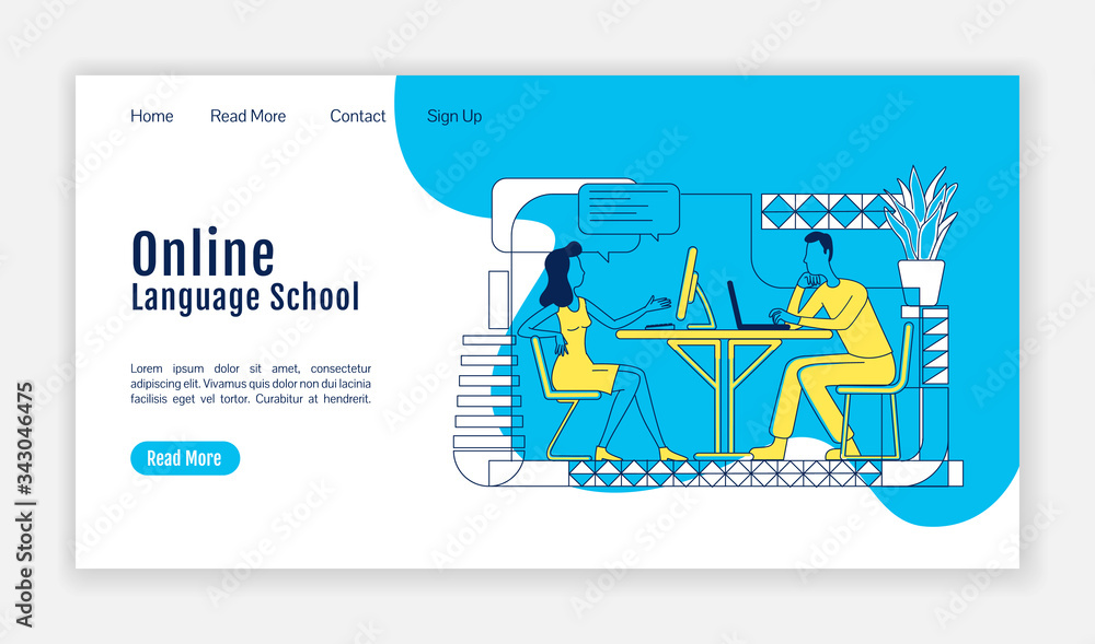 Poster online language school landing page flat silhouette vector template. remote classes homepage layout.