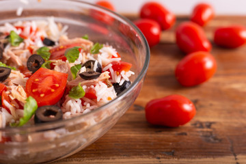 Typical summer dish, rice salad with tuna and tomatoes
