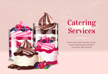 Catering services realistic vector product ads banner template. Creamy cakes with berries 3d mock up design. Desserts delivery advertisement horizontal printable flyer, brochure with text space