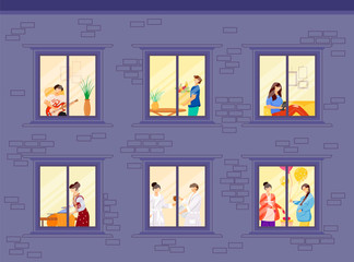 Evening neighbors routine flat color vector illustration. People lifestyle inside house windows. Hobby and leisure. Home activity 2D cartoon characters inside with interior on background