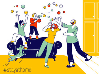 Happy Family Characters Parents and Kids Playing, Blowing Soap Bubbles at Covid19 Quarantine Isolation. Stay Home Concept with Kids Mess, Mom, Dad Dog and Children. Linear People Vector Illustration