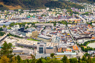 Fototapeta na wymiar Bergen, Norway - Panoramic view of Bergen city center seen from Mount Floyen