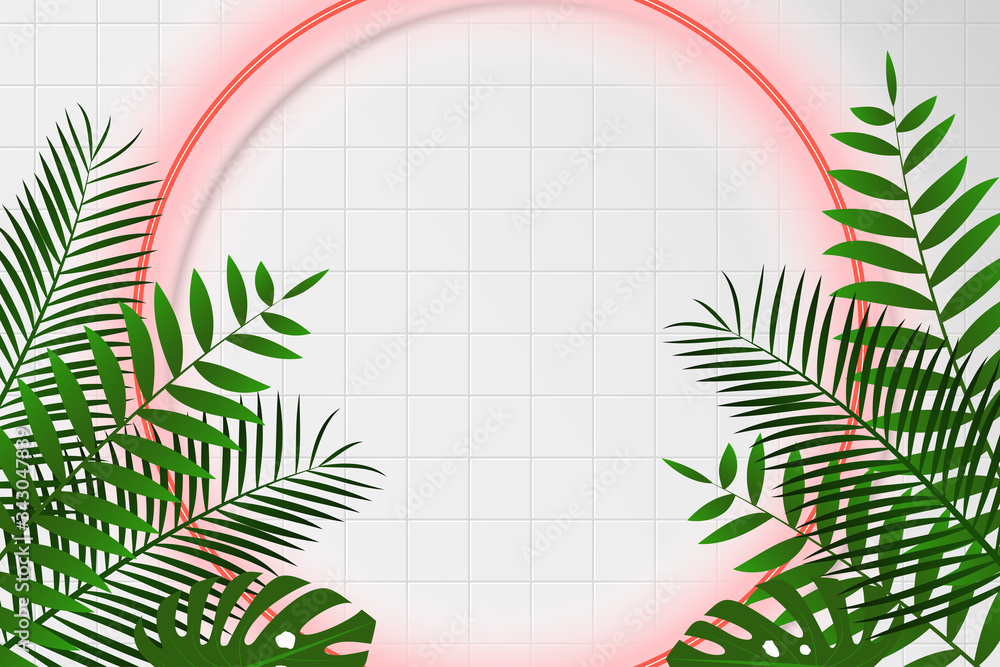 Poster red neon circle on white rectangular tile with tropical leaves. mockup for fashion or advertising po