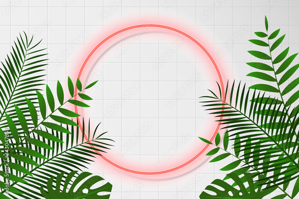 Poster Neon circle frame on white rectangular tile with tropical leaves. Red neon round shape with shadow for fashion mockup or advertising poster with leaves of exotic plants. Abstract background. Vector.