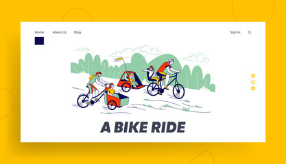 Obraz na płótnie Canvas Happy Family Riding in Park Landing Page Template. Y Characters Riding Bicycles with Children Sitting in Front and Back Bike Trailers. People in Helmets Walking Track. Linear Vector Illustration