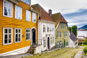 Bergen, Norway - Reconstructed XIX century Norwegian city street with wooden houses in Old Bergen...
