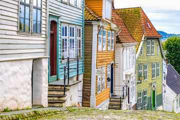 Bergen, Norway - Reconstructed XIX century Norwegian city street with wooden houses in Old Bergen...