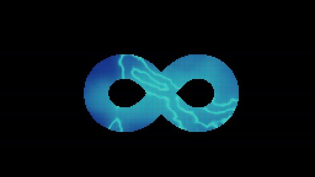 The symbol infinity is assembled from small balls. Then it shimmers with blue. It crumbles and disappears. In - Out loop. Alpha channel