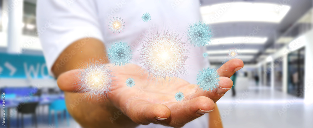 Poster Man analyzing coronavirus with digital holographic projection close-up 3D rendering