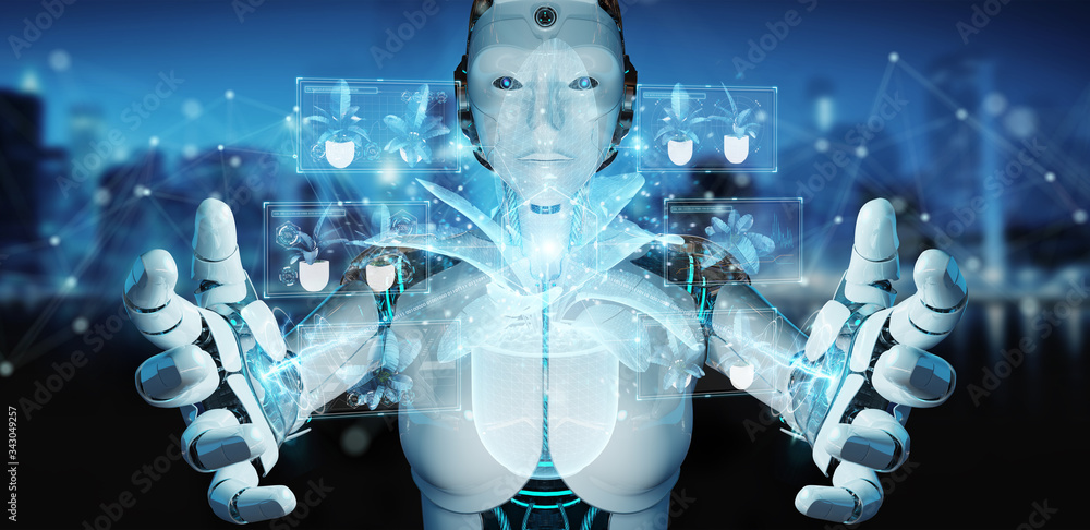 Poster Robot holding and touching holographic projection of a plant with digital analysis 3D rendering