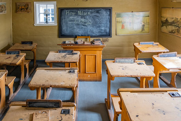 Bergen, Norway - Reconstructed XIX century Norwegian school class in Old Bergen Museum - Gamle...