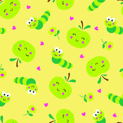 Naklejka premium Cute cartoon green apples and caterpillars seamless pattern
