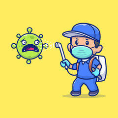 People Spray Corona Virus Vector Icon Illustration. Corona Mascot Cartoon Character. People Icon Concept White Isolated. Flat Cartoon Style Suitable for Web Landing Page, Banner, Flyer, Sticker, Card