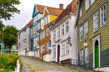 Bergen, Norway - Reconstructed XIX century Norwegian city street with wooden houses in Old Bergen Museum - Gamle Bergen Museum - heritage park