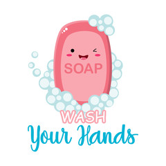 Cute soap with Wash your hands title and bubbles