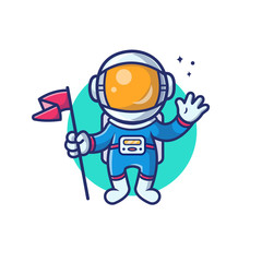 Astronaut With Flag And Stars Vector Icon Illustration. Spaceman Mascot Cartoon Character. Science Icon Concept Isolated. Flat Cartoon Style Suitable for Web Landing Page, Banner, Flyer, Sticker, Card