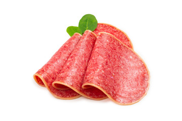 Salami slices isolated on white background.