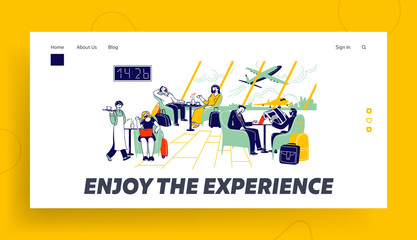 Obraz na płótnie Canvas Characters Waiting Airplane Departure in Airport Business Lounge Landing Page Template. People Sitting in Comfortable Armchairs at Coffee Tables Chatting, Working on Laptop. Linear Vector Illustration