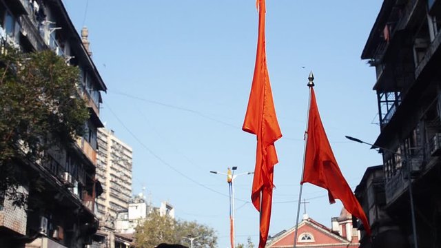 Indian Hindu Orange flags in the city while Gudi Padva Celebration