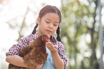 happy little girl with of small chickens sitting outdoor. portrait of an adorable little girl, preschool or school age, happy child holding a fluffy baby chicken with both hands and smiling.