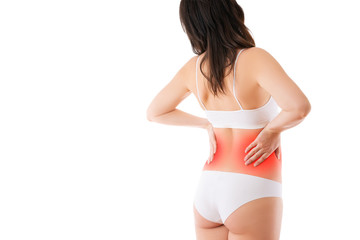 Fototapeta premium Kidney stones, pain in a woman's body isolated on white background, chronic diseases of the urinary system concept