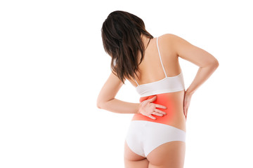 Fototapeta premium Kidney stones, pain in a woman's body isolated on white background, chronic diseases of the urinary system concept