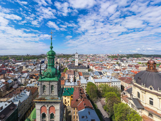 Aerial view on Dominican Church and Dormition Church in Lviv, Ukraine from drone