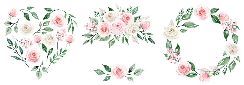 Wreaths, floral frames set and heart with watercolor flowers pink and white roses, Illustrations hand painted. Isolated on white background. Perfectly for greeting card design.