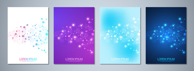 Set of template brochures or cover design, book, flyer, with molecules background and neural network. Abstract geometric background of connected lines and dots. Science and technology concept.