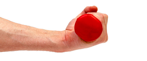 Male hand holding red dumbbell isolated on white background. Minimalistic concept.