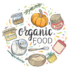 Organic food. Card / background with food and kitchen utensils.