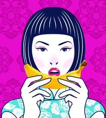 Chinese Lady holding banana in retro style. Vector, illustration