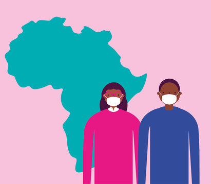 afro couple using face masks for covid19 with africa map